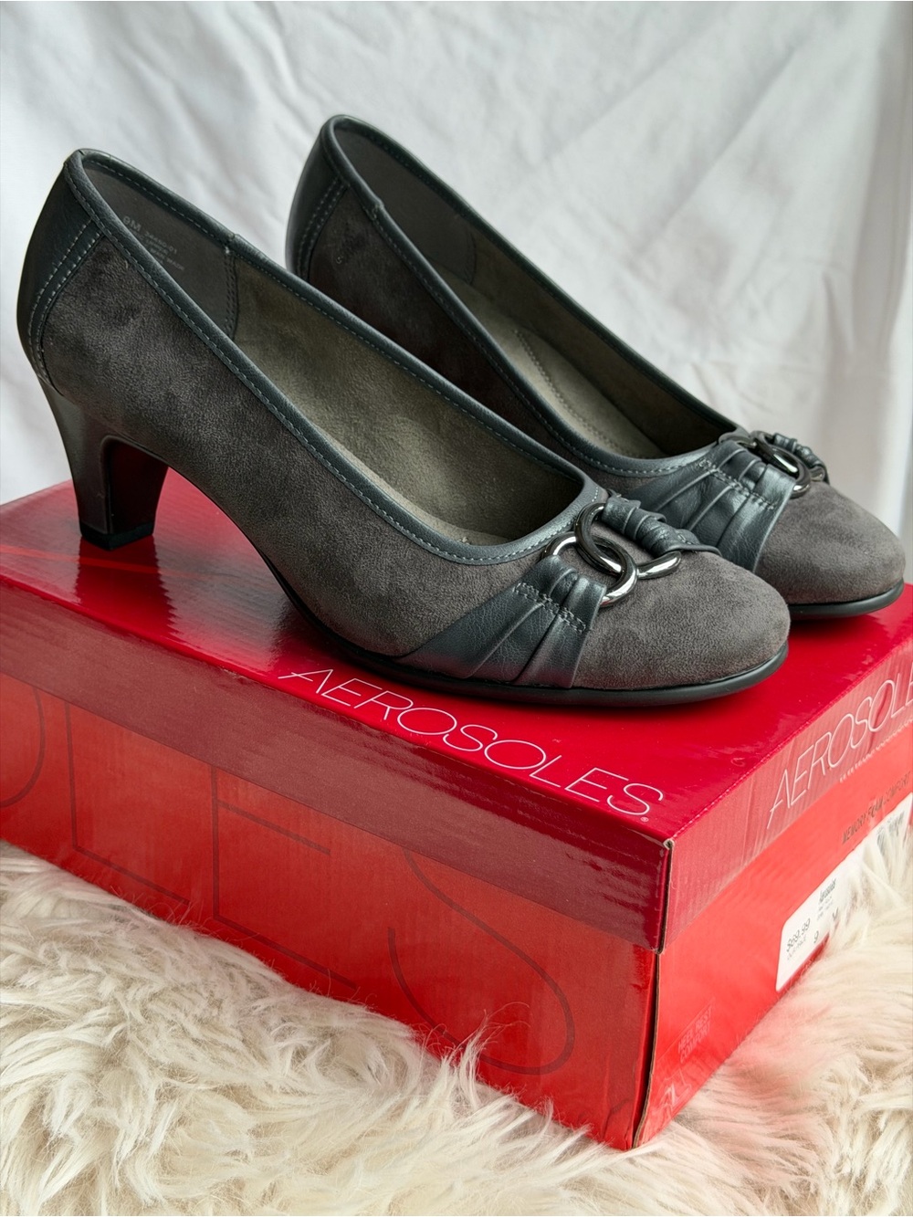 AEROSOLES Charcoal Gray Suede Mid Heel Pumps with Buckle Detail